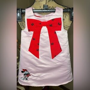 Disney Minnie Mouse Pink Satin dress with Red Bow and Lining Sz 2T PTP 10”